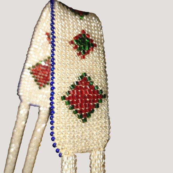 Vintage Beaded Purse Floral Heart Design Cream Red Beads Quilt Interior Zipper - Picture 12 of 16